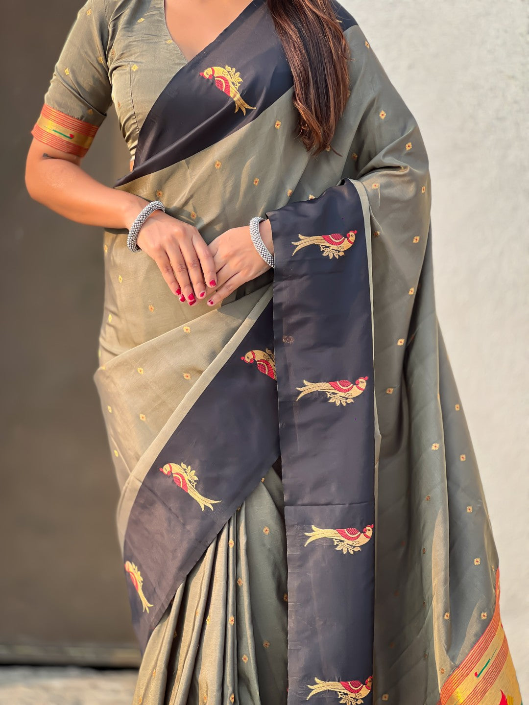 Grey Soft Silk Zari Woven Parrot Border Saree