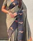 Grey Soft Silk Zari Woven Parrot Border Saree
