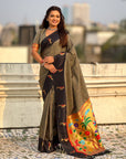 Grey Soft Silk Zari Woven Parrot Border Saree