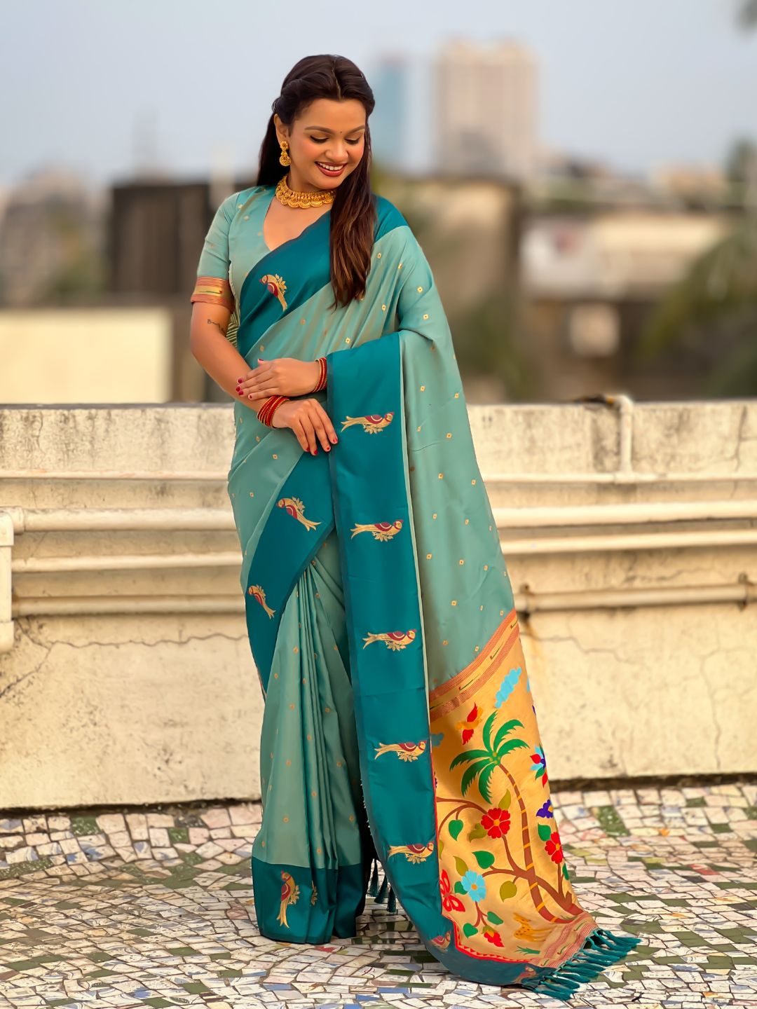 Sky Blue Soft Silk Zari Woven Parrot Border Saree