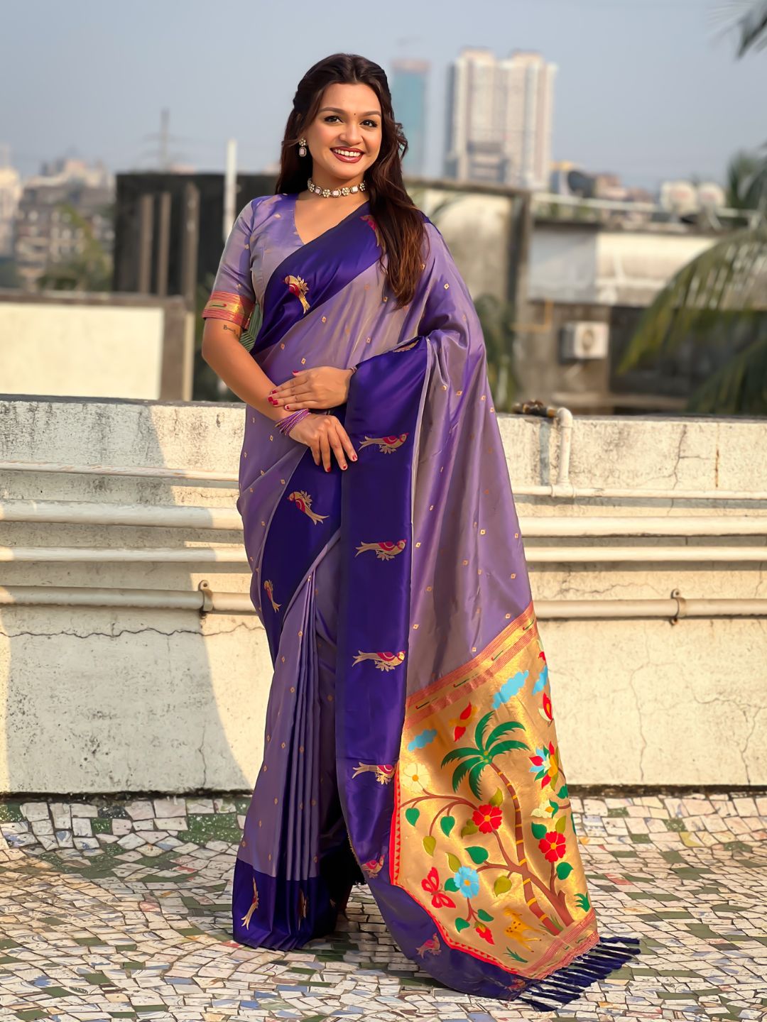 Lavender Soft Silk Zari Woven Parrot Border Saree