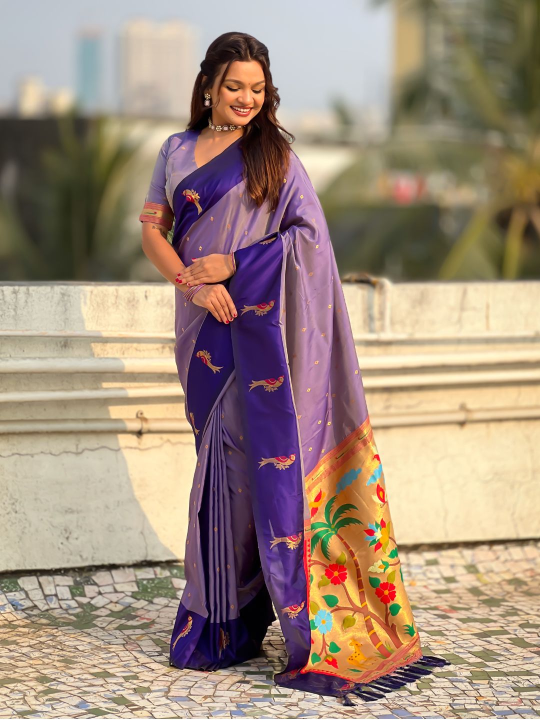 Lavender Soft Silk Zari Woven Parrot Border Saree