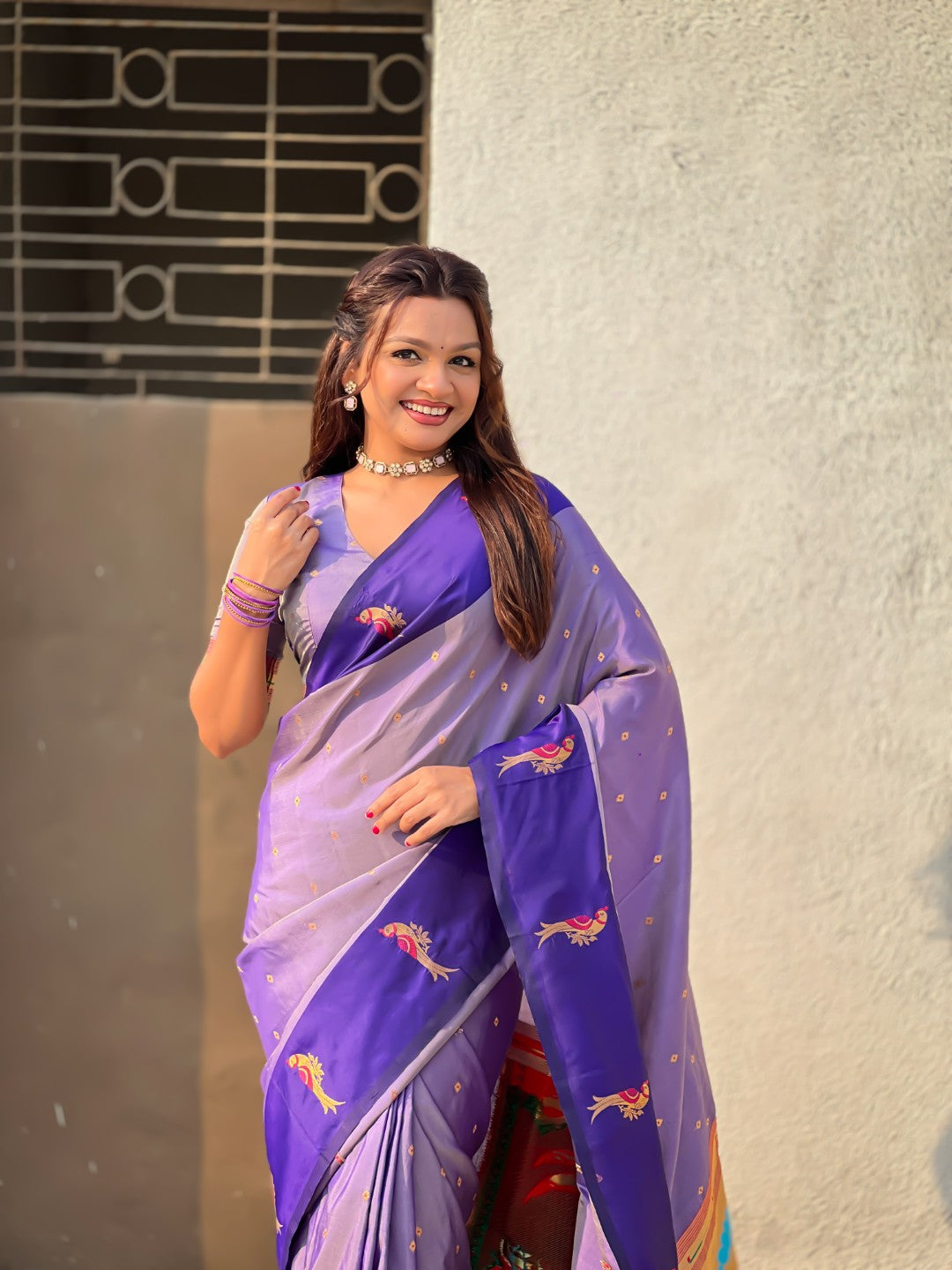 Lavender Soft Silk Zari Woven Parrot Border Saree