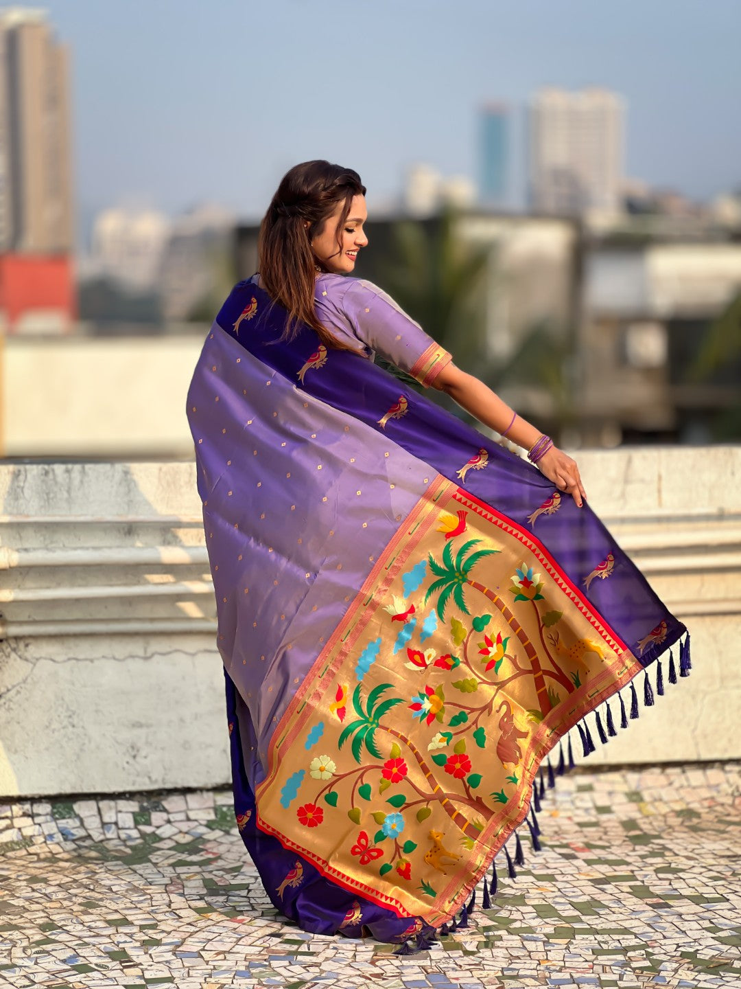Lavender Soft Silk Zari Woven Parrot Border Saree