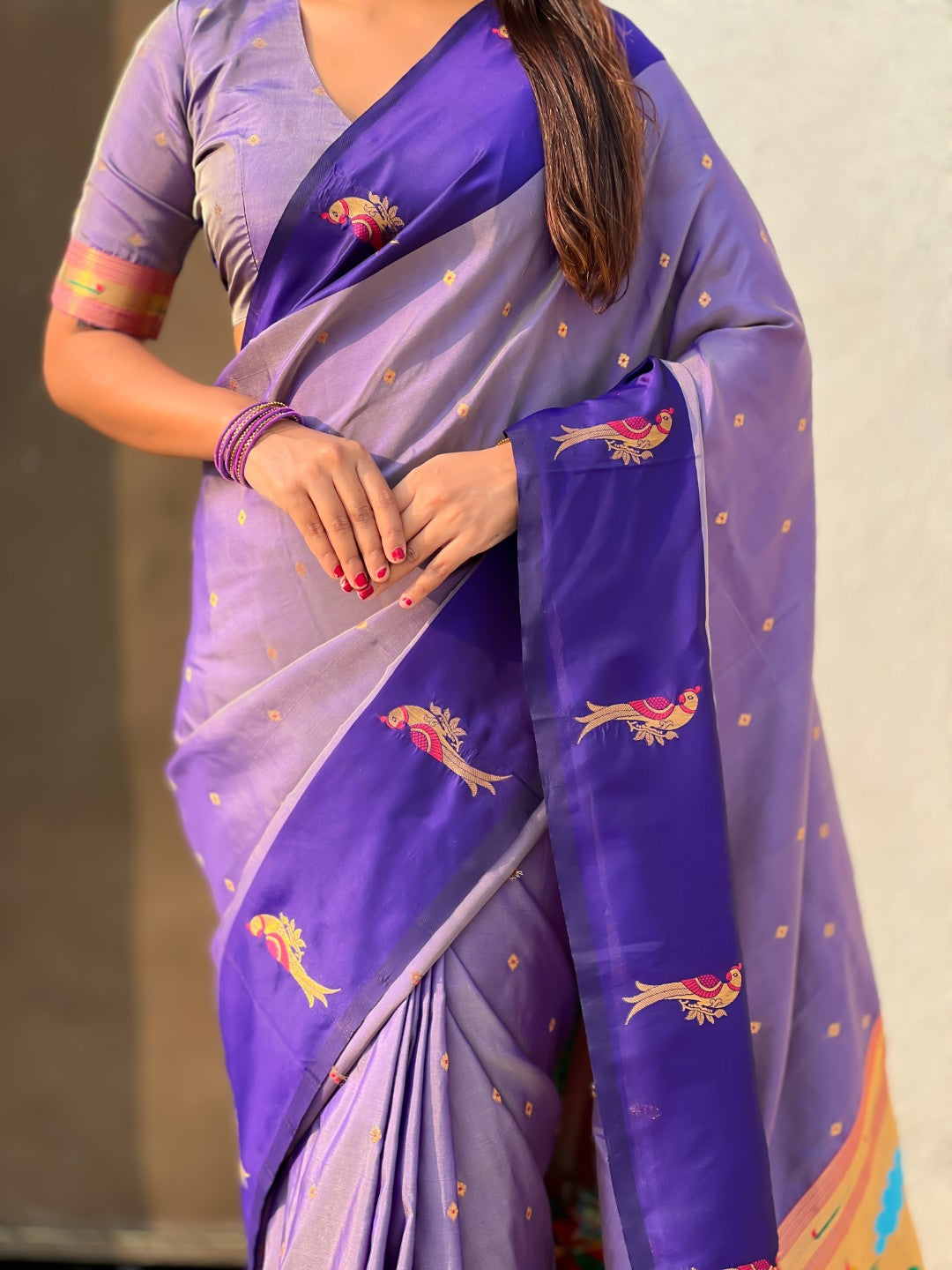 Lavender Soft Silk Zari Woven Parrot Border Saree