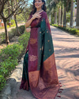 Bottle Green Soft Silk Contrast Floral Border Zari Woven Saree