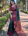 Bottle Green Soft Silk Contrast Floral Border Zari Woven Saree