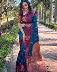 Dark Blue Soft Silk Contrast Floral Border Zari Woven Saree