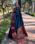 Dark Blue Soft Silk Contrast Floral Border Zari Woven Saree