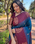 Dark Blue Soft Silk Contrast Floral Border Zari Woven Saree