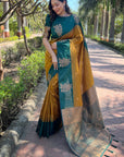 Gold Soft Silk Contrast Floral Border Zari Woven Saree