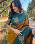 Gold Soft Silk Contrast Floral Border Zari Woven Saree