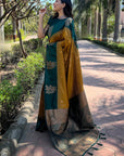 Gold Soft Silk Contrast Floral Border Zari Woven Saree
