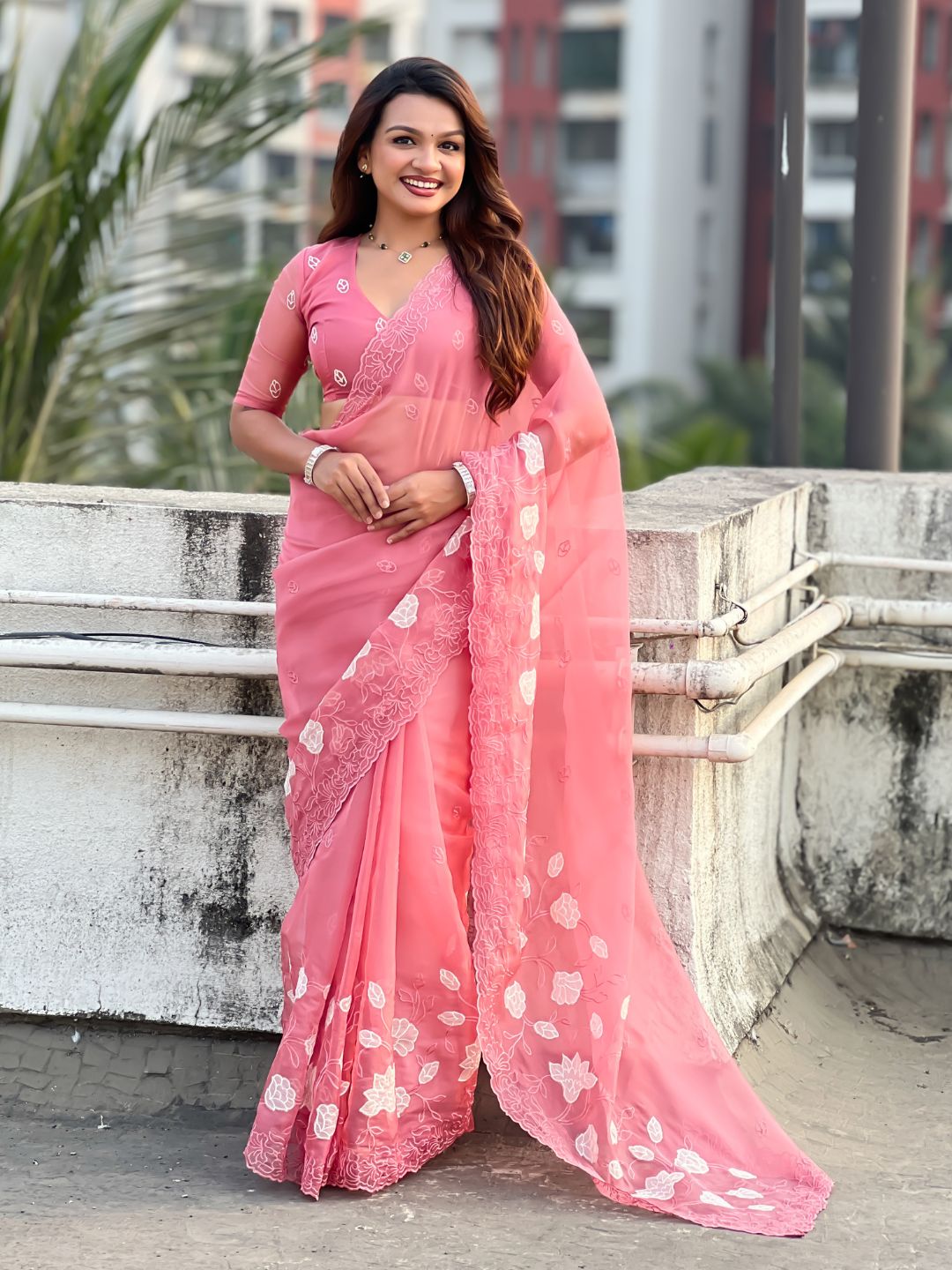 Coral Pink Soft Chanda Kora Silk with Floral Embroidery Designer Saree