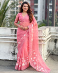 Coral Pink Soft Chanda Kora Silk with Floral Embroidery Designer Saree