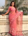 Coral Pink Soft Chanda Kora Silk with Floral Embroidery Designer Saree