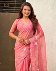 Coral Pink Soft Chanda Kora Silk with Floral Embroidery Designer Saree