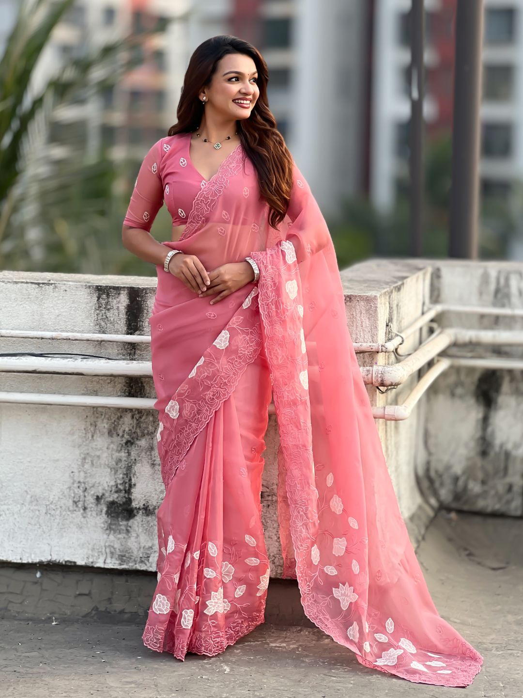 Coral Pink Soft Chanda Kora Silk with Floral Embroidery Designer Saree