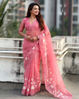 Coral Pink Soft Chanda Kora Silk with Floral Embroidery Designer Saree