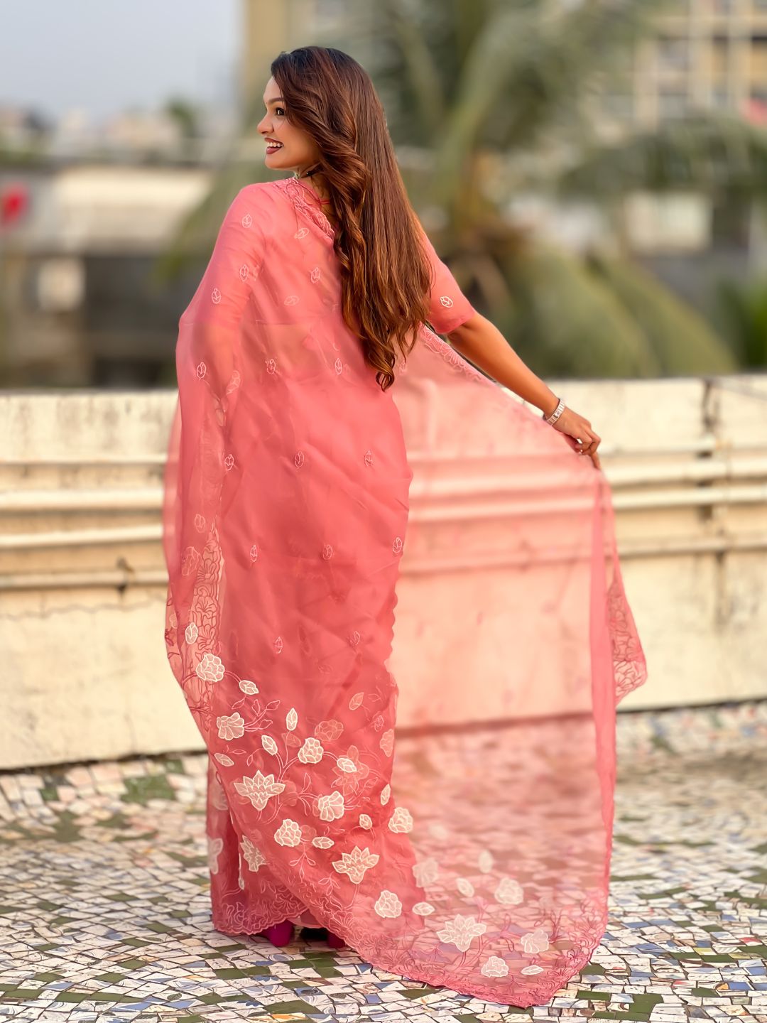 Coral Pink Soft Chanda Kora Silk with Floral Embroidery Designer Saree