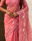 Coral Pink Soft Chanda Kora Silk with Floral Embroidery Designer Saree