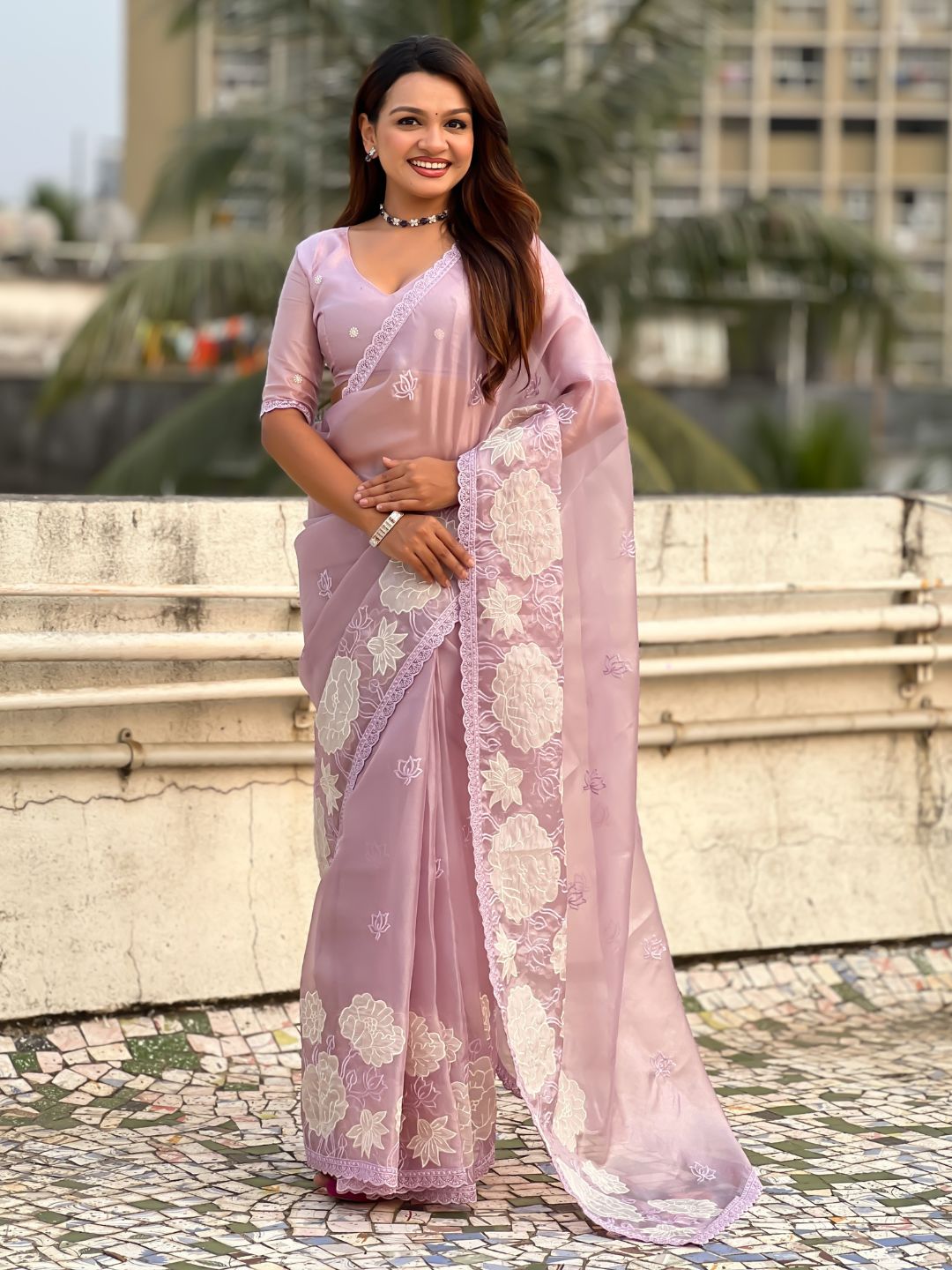 Lavender Soft Oris Silk with Patch Embroidery Work Designer Saree