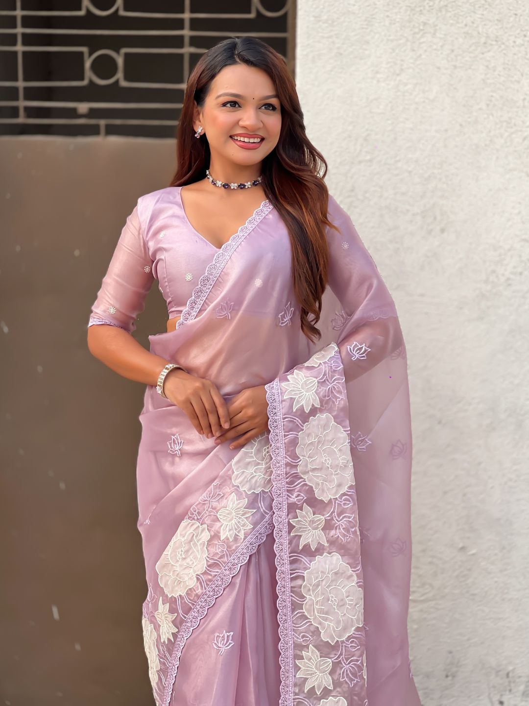 Lavender Soft Oris Silk with Patch Embroidery Work Designer Saree