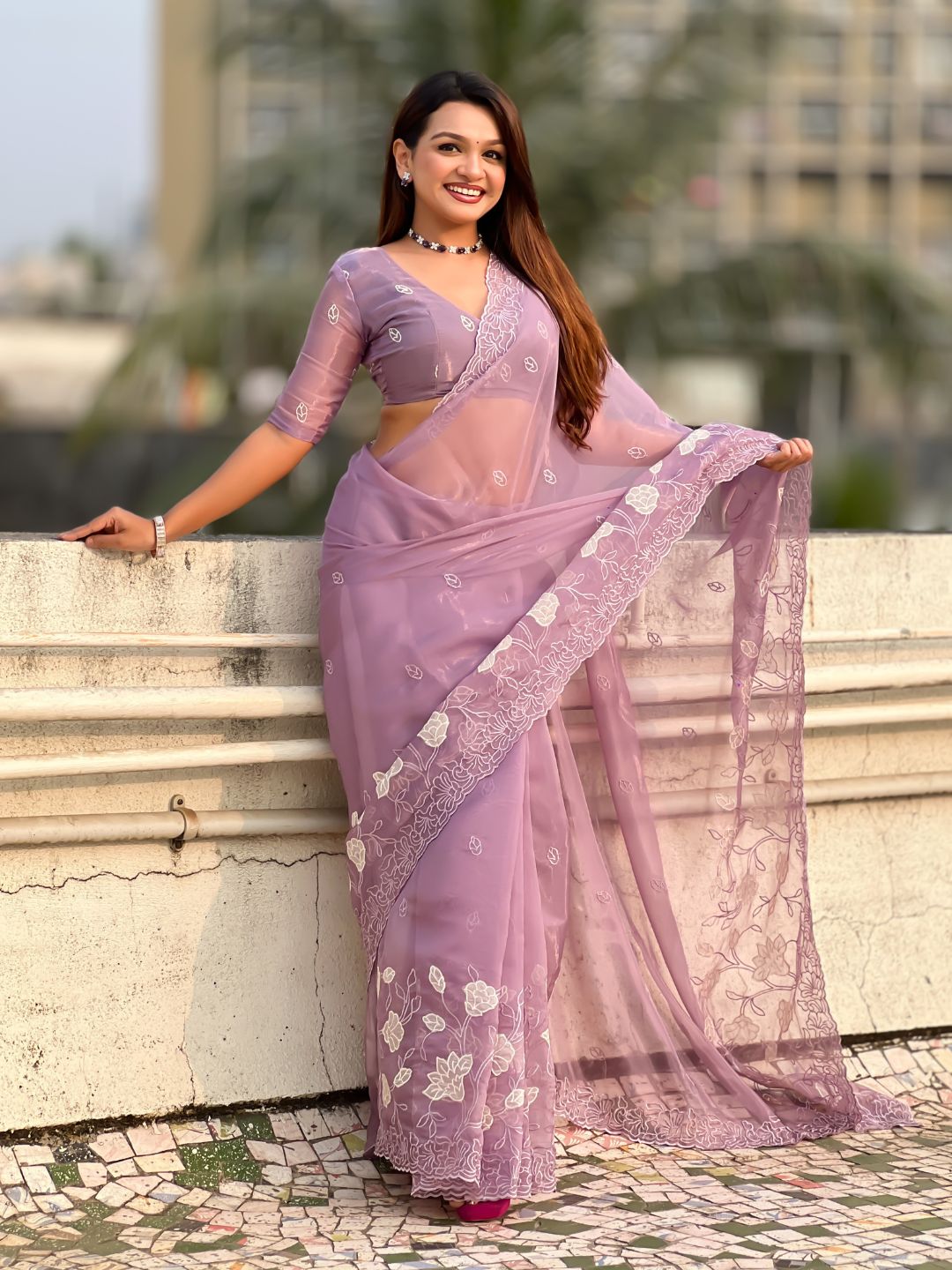 Lavender Soft Chanda Kora Silk with Floral Embroidery Designer Saree
