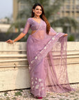 Lavender Soft Chanda Kora Silk with Floral Embroidery Designer Saree