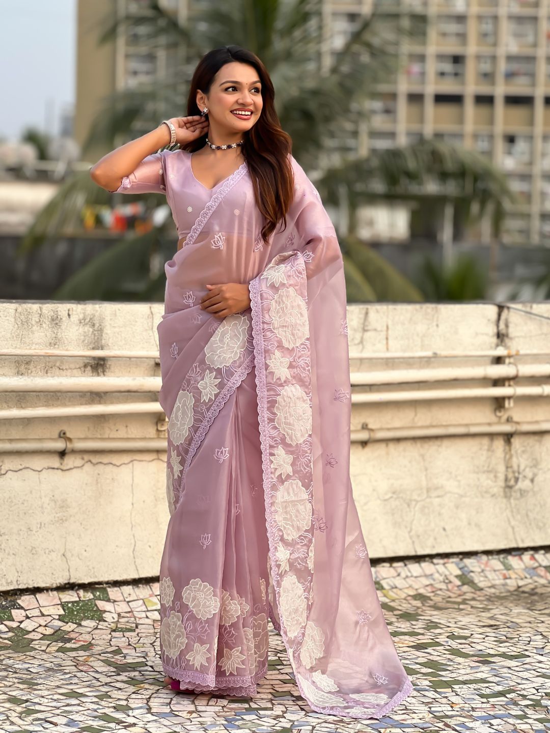 Lavender Soft Oris Silk with Patch Embroidery Work Designer Saree
