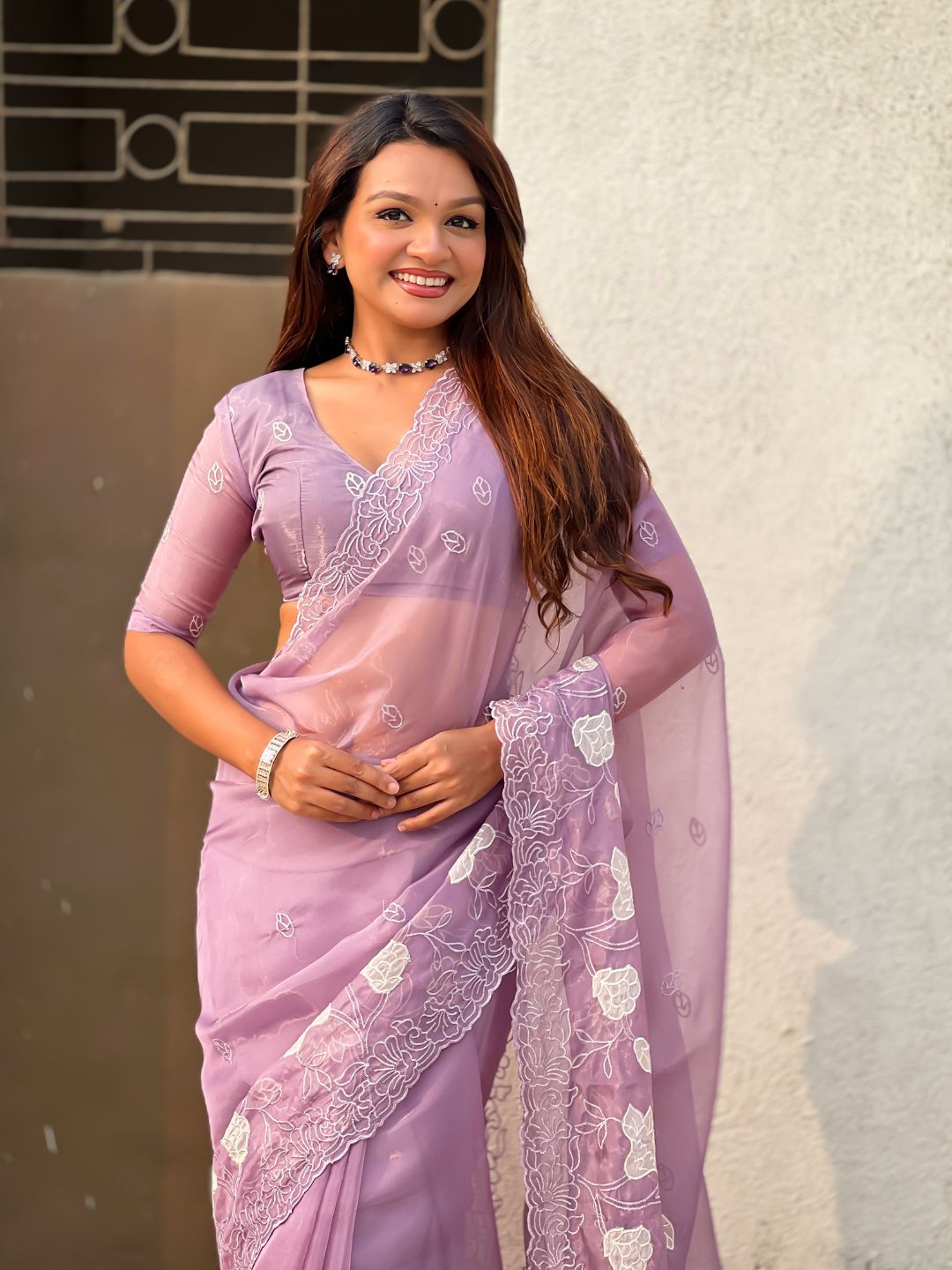 Lavender Soft Chanda Kora Silk with Floral Embroidery Designer Saree