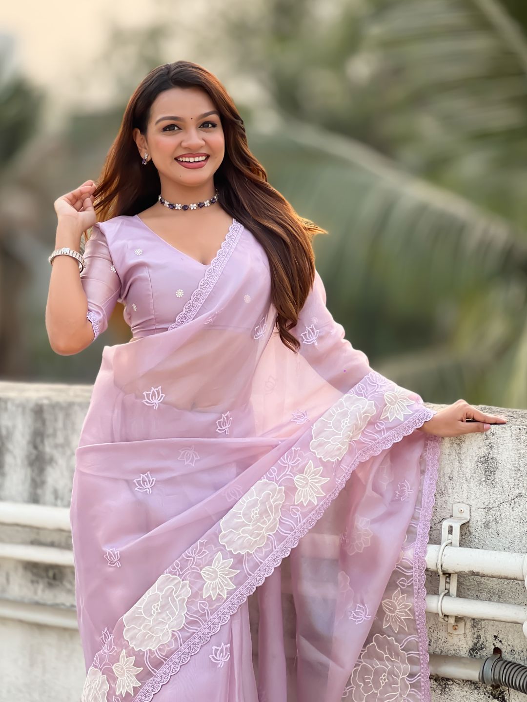 Lavender Soft Oris Silk with Patch Embroidery Work Designer Saree