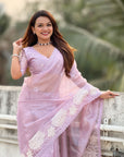 Lavender Soft Oris Silk with Patch Embroidery Work Designer Saree