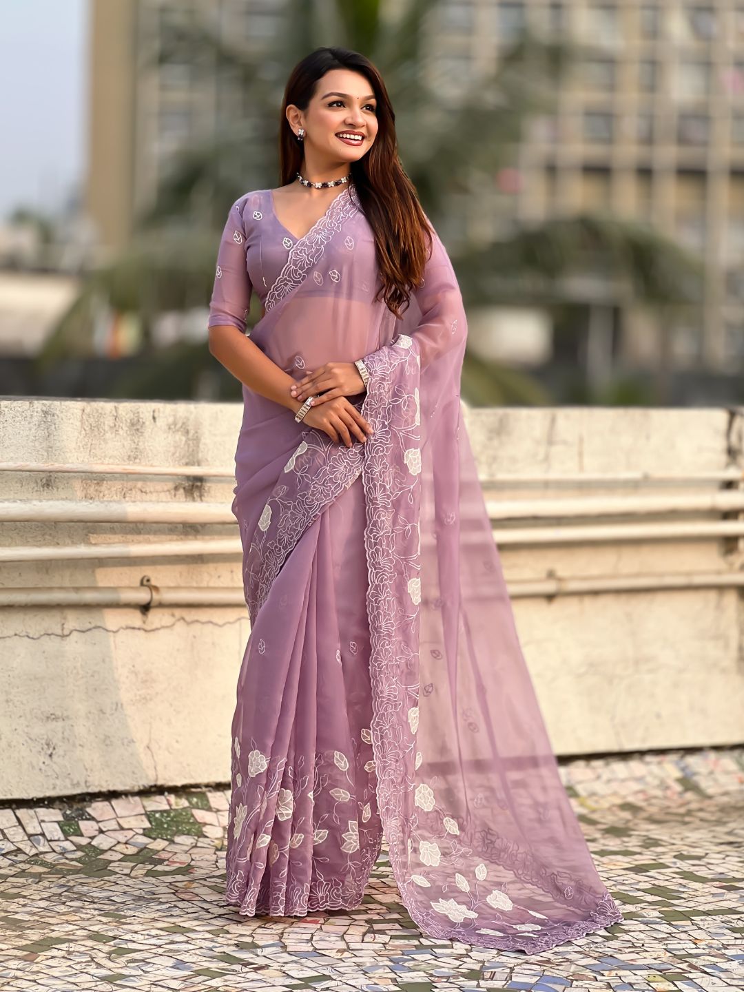 Lavender Soft Chanda Kora Silk with Floral Embroidery Designer Saree