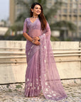 Lavender Soft Chanda Kora Silk with Floral Embroidery Designer Saree