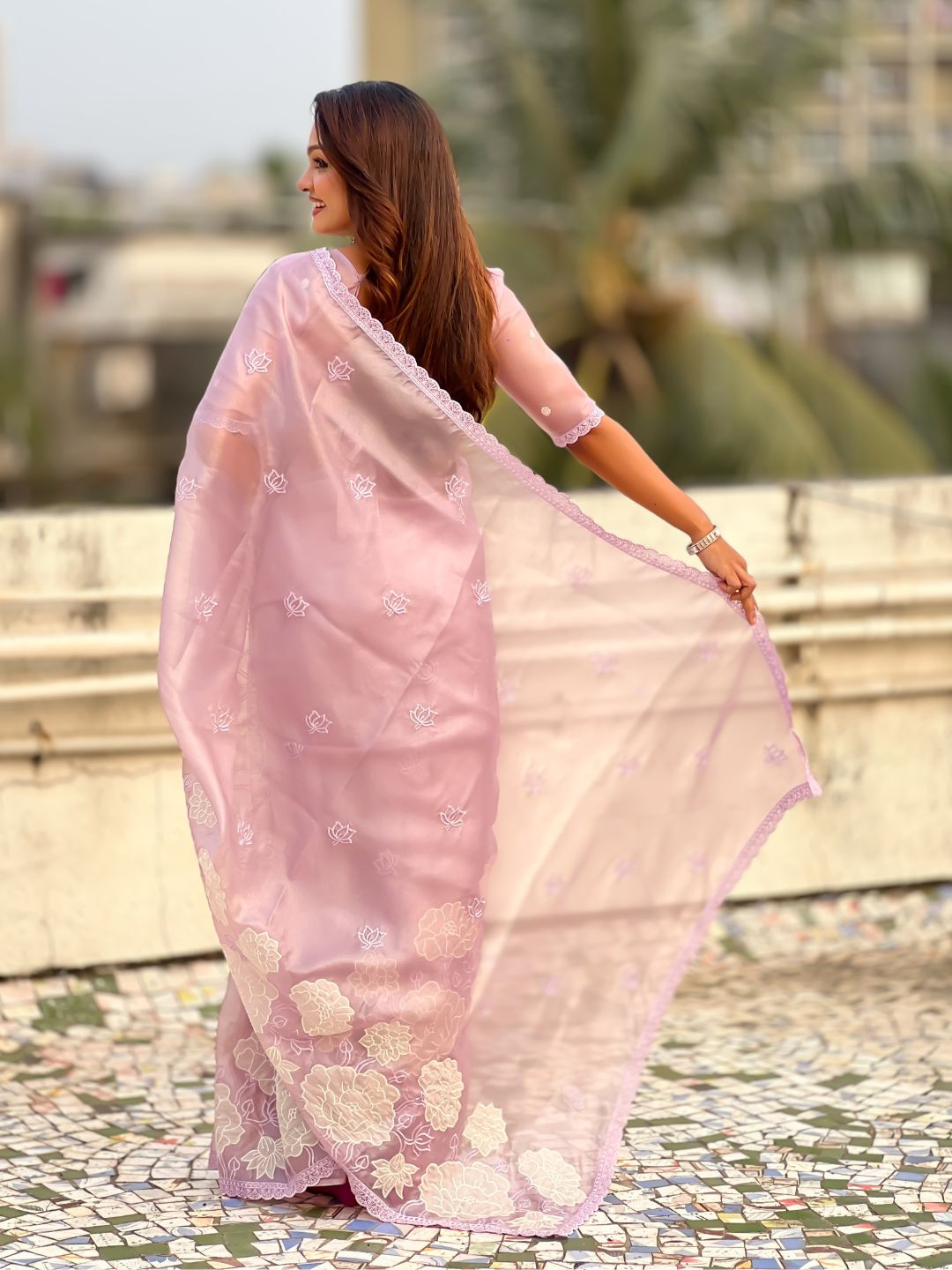 Lavender Soft Oris Silk with Patch Embroidery Work Designer Saree