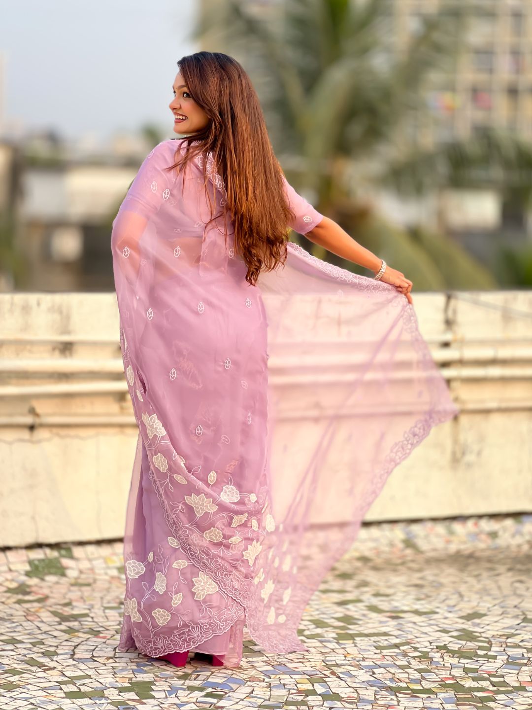 Lavender Soft Chanda Kora Silk with Floral Embroidery Designer Saree