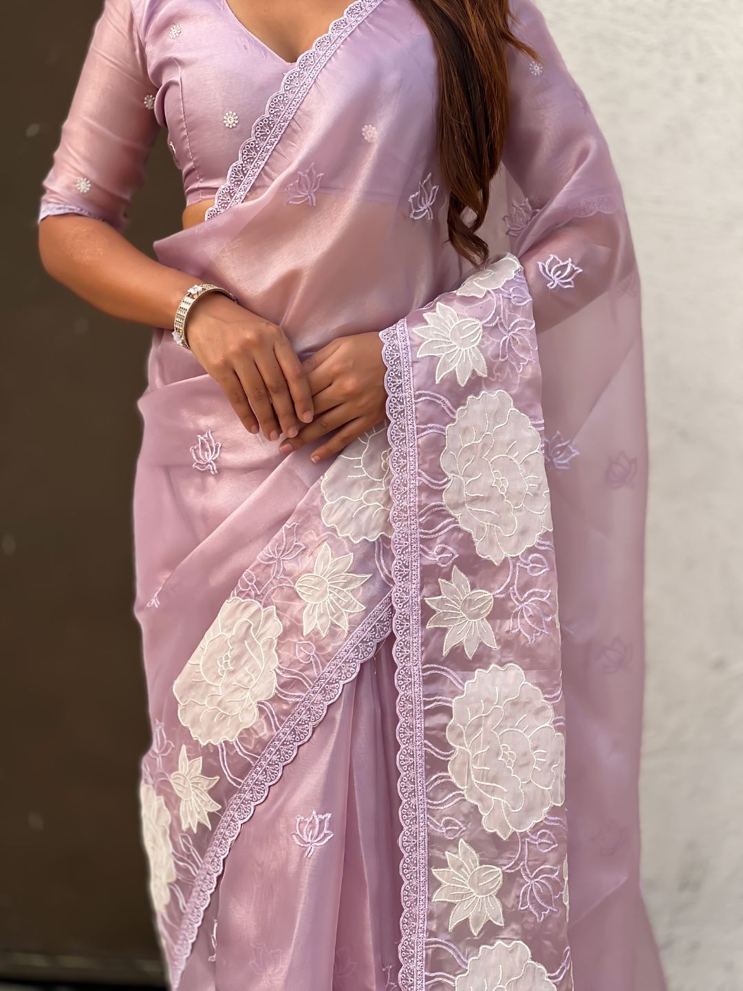 Lavender Soft Oris Silk with Patch Embroidery Work Designer Saree