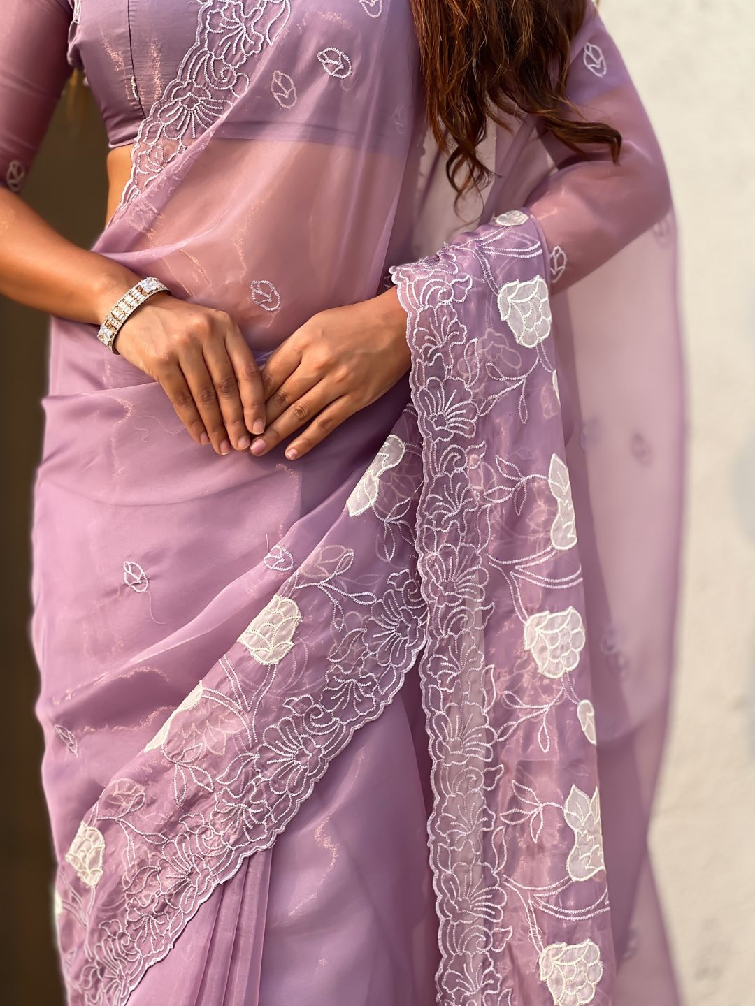 Lavender Soft Chanda Kora Silk with Floral Embroidery Designer Saree
