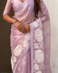 Lavender Soft Oris Silk with Patch Embroidery Work Designer Saree