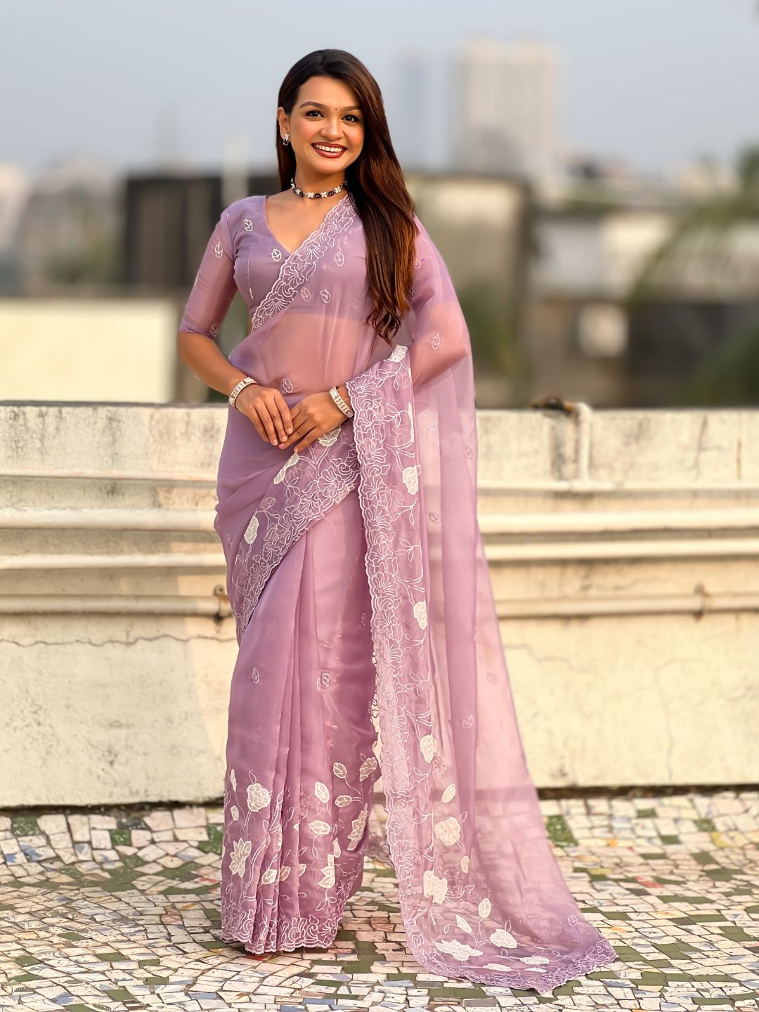 Lavender Soft Chanda Kora Silk with Floral Embroidery Designer Saree