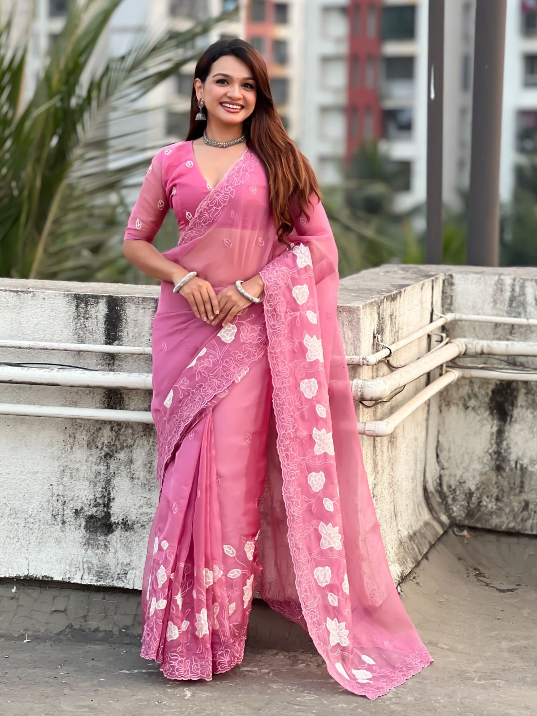 Pink Soft Chanda Kora Silk with Floral Embroidery Designer Saree