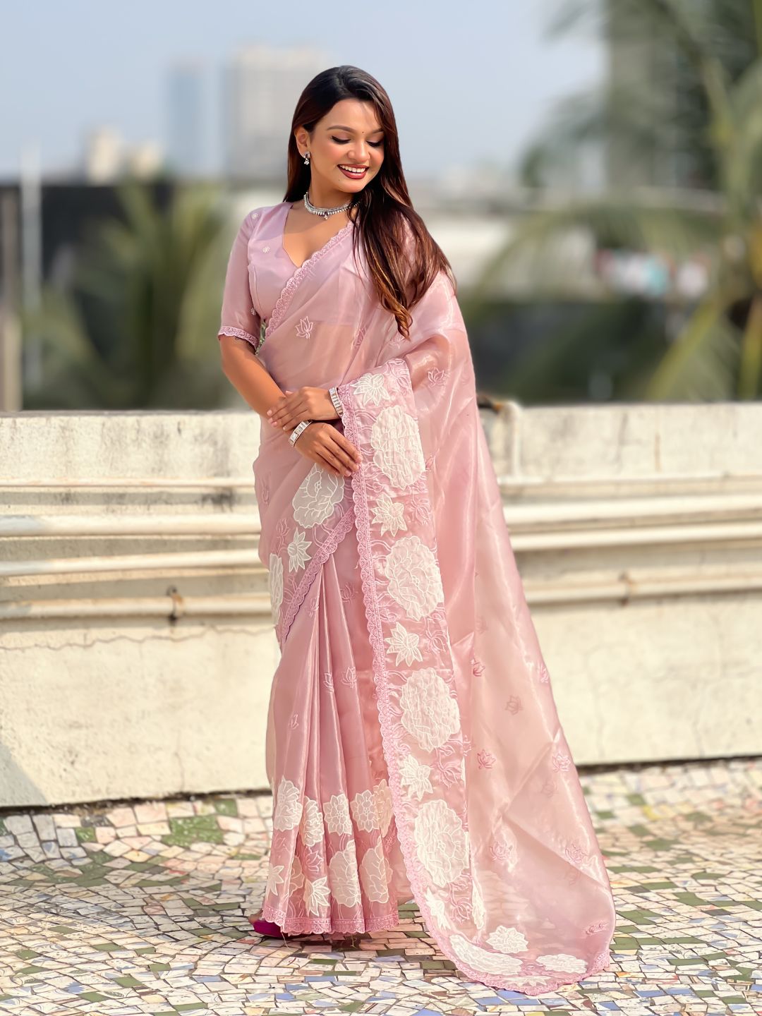 Pink Soft Oris Silk with Patch Embroidery Work Designer Saree
