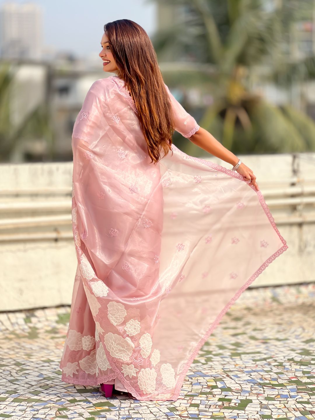 Pink Soft Oris Silk with Patch Embroidery Work Designer Saree
