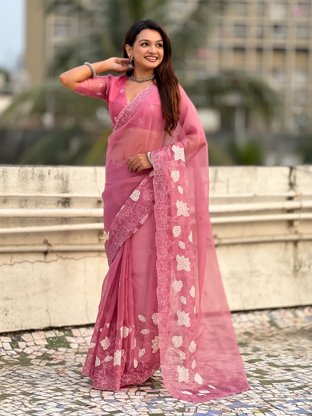 Pink Soft Chanda Kora Silk with Floral Embroidery Designer Saree