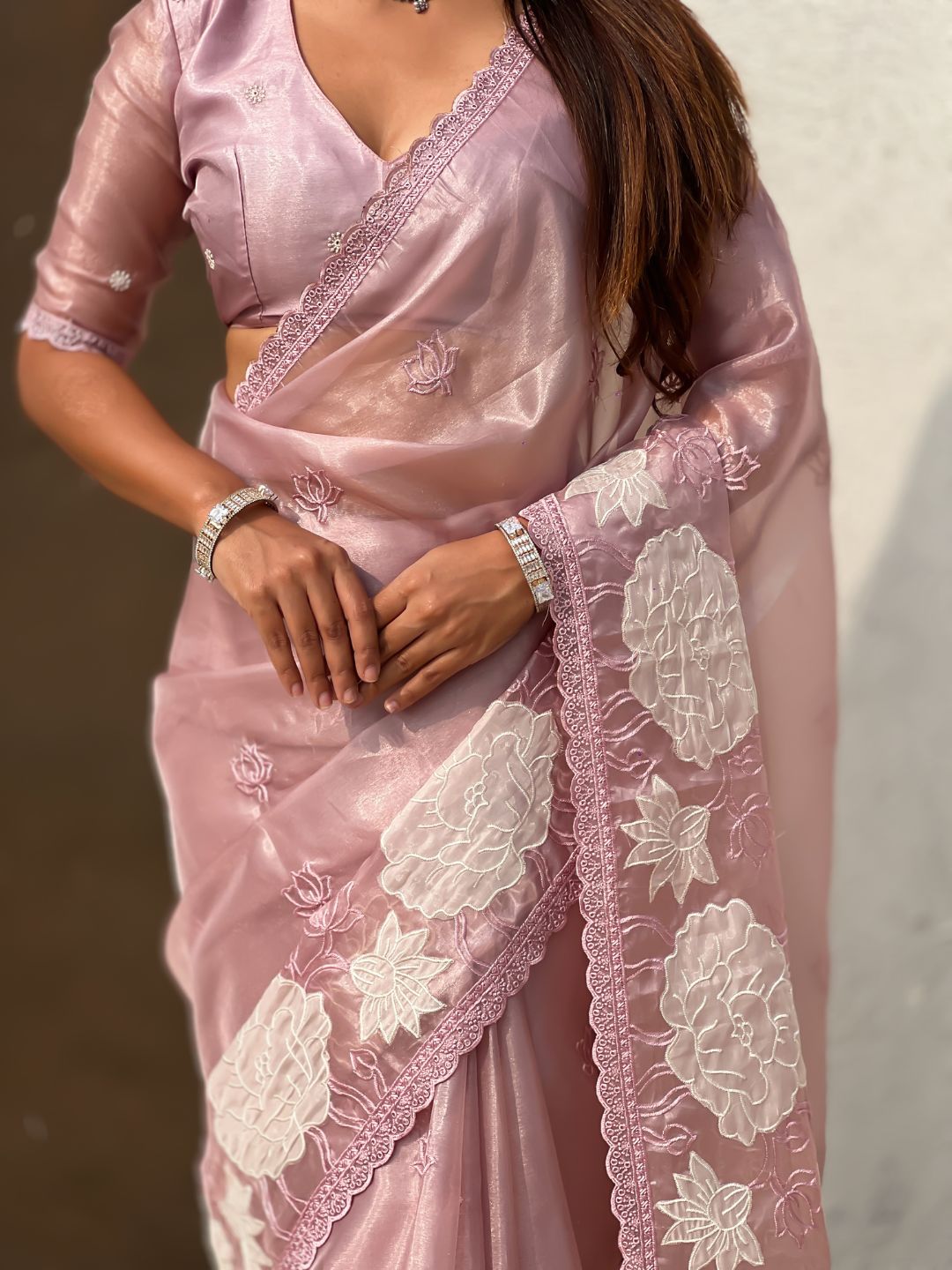 Pink Soft Oris Silk with Patch Embroidery Work Designer Saree