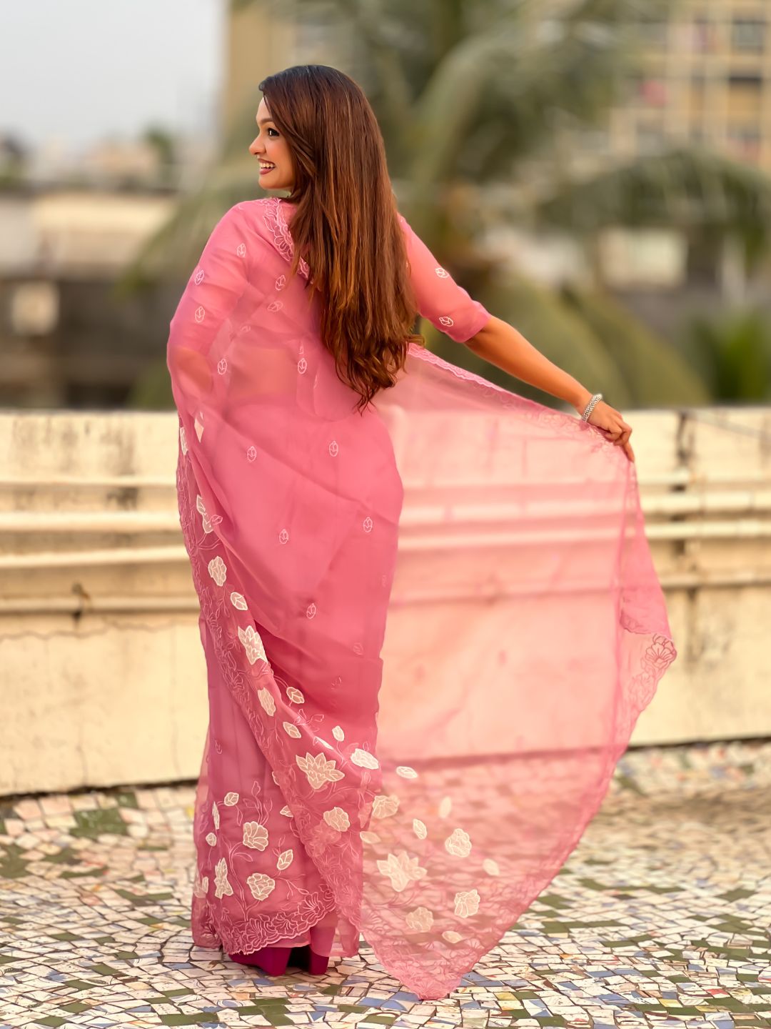 Pink Soft Chanda Kora Silk with Floral Embroidery Designer Saree