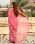 Pink Soft Chanda Kora Silk with Floral Embroidery Designer Saree