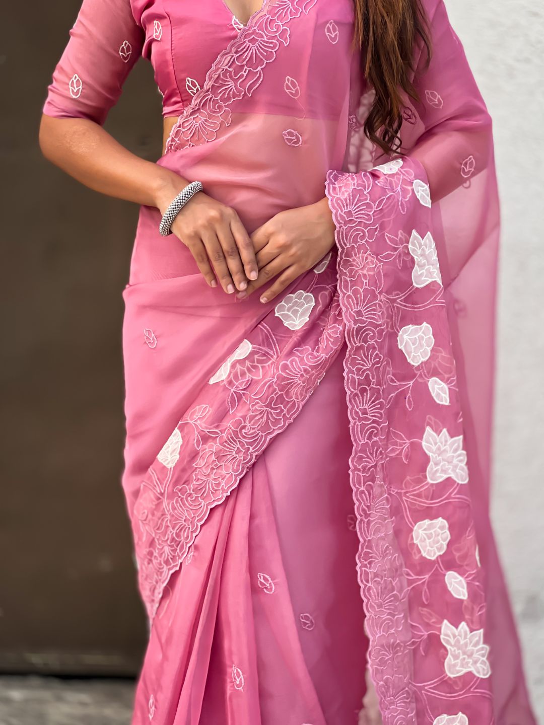 Pink Soft Chanda Kora Silk with Floral Embroidery Designer Saree