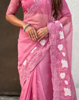 Pink Soft Chanda Kora Silk with Floral Embroidery Designer Saree